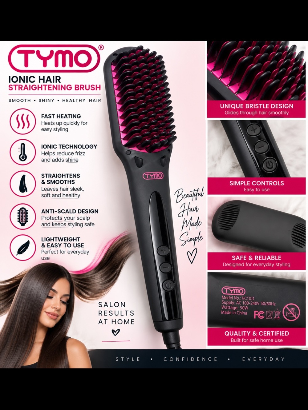 Ionic Hair Straightening Brush - Black with Pink Bristles